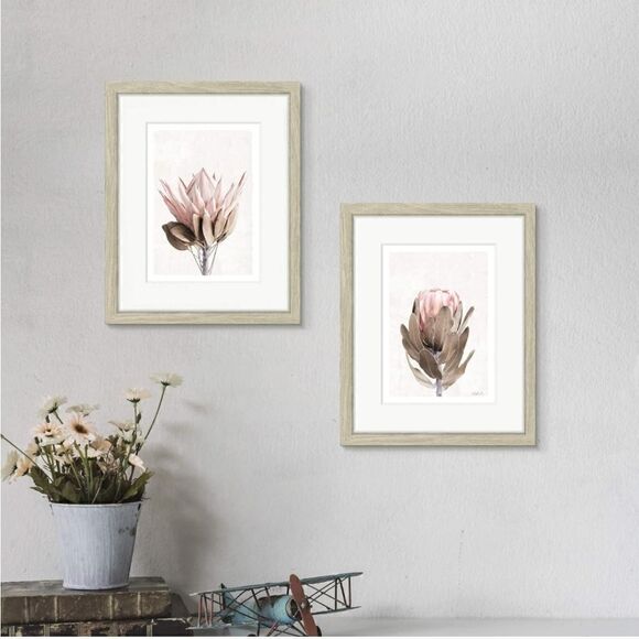 Other - Framed Floral Wall Art Set of 2 – Pink Protea flowers with beige wood frames